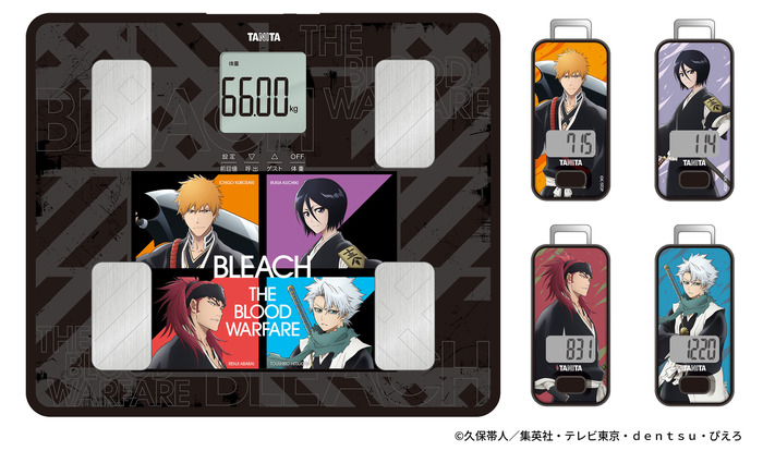 左から通信機能付き音声体組成計、3D センサー搭載歩数計「BLEACH モデル」