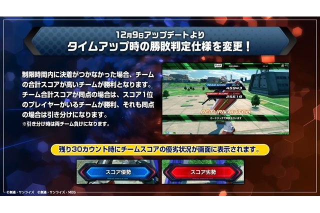 『ガンダム EXVS.2 クロスブースト』タイムアップ時の勝敗判定仕様が変更！既存17機体にもバランス調整【12月9日アプデ情報まとめ】 画像