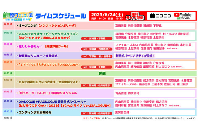 「＜音泉＞祭り2023夏～ONSEN NEXT STAGE～」いよいよ明日14時より開催！ タイムスケジュールをチェック 画像