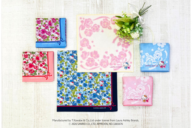 キティやシナモンたちの華やかなハンカチ登場♪ 「サンリオ」とローラ アシュレイがコラボ☆ 画像