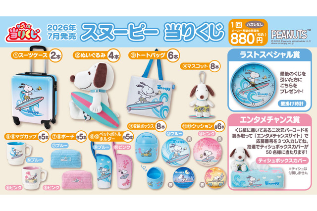 スヌーピーとサーフィン♪ 「スヌーピー」夏デザインの当りくじ登場！ スーツケースやぬいぐるみ、ラストスペシャル賞は壁掛け時計 画像