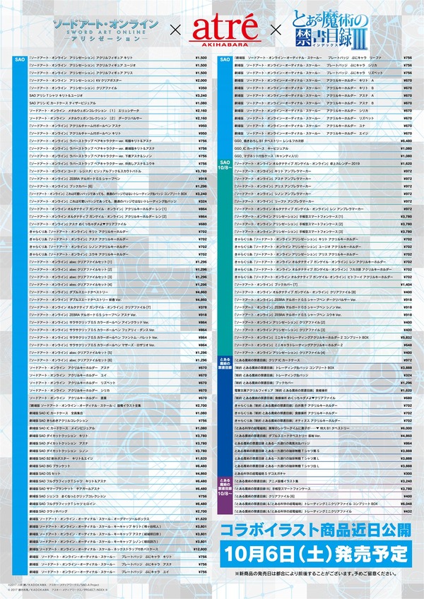 既存商品リスト(C)2017 鎌池和馬/KADOKAWA アスキー・メディアワークス/PROJECT-INDEX III (C)2017 川原 礫／ＫＡＤＯＫＡＷＡ アスキー・メディアワークス／SAO-A Project