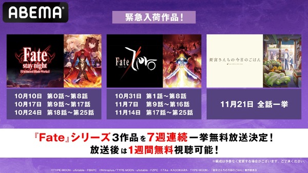 『Fate』シリーズ一挙放送(C)TYPE-MOON・ufotable・FSNPC(C)Nitroplus／TYPE-MOON・ufotable・FZPC(C)TAa・KADOKAWA・TYPE-MOON / 「衛宮さんちの今日のごはん」製作委員会