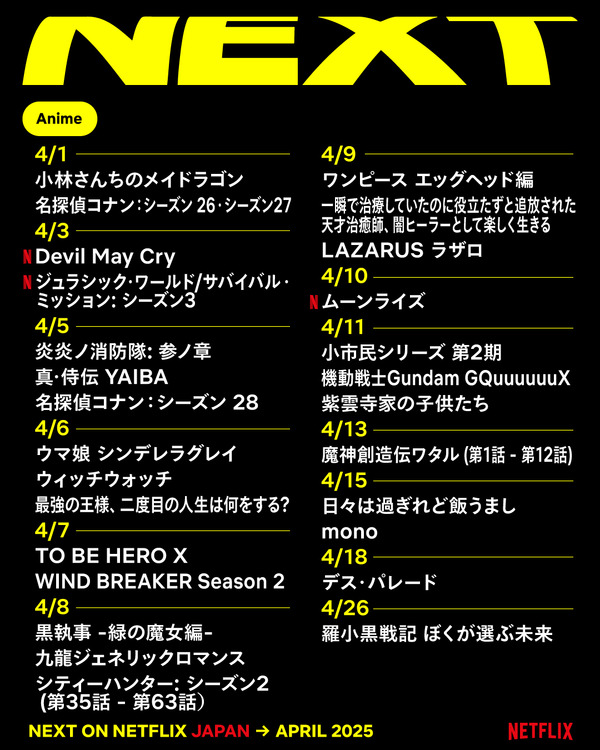 Netflix 2025年4月のラインナップ