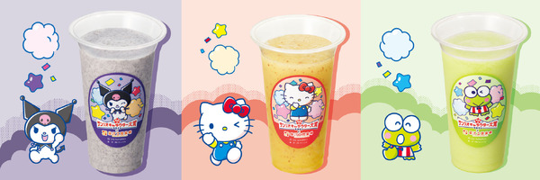 2025年サンリオキャラクター大賞×果汁工房果琳「パターンC店舗　クロミのクロクロゴマバナナミルク・ハローキティのなかよしりんごスムージー・けろけろけろっぴのすいすいメロン」（C）2025 SANRIO CO., LTD. APPROVAL NO. L656539