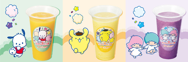 2025年サンリオキャラクター大賞×果汁工房果琳「パターンB店舗　ポチャッコのるんるんマンゴー・ポムポムプリンのおひるねパイン・リトルツインスターズの空飛ぶブルーベリーミルク」（C）2025 SANRIO CO., LTD. APPROVAL NO. L656539