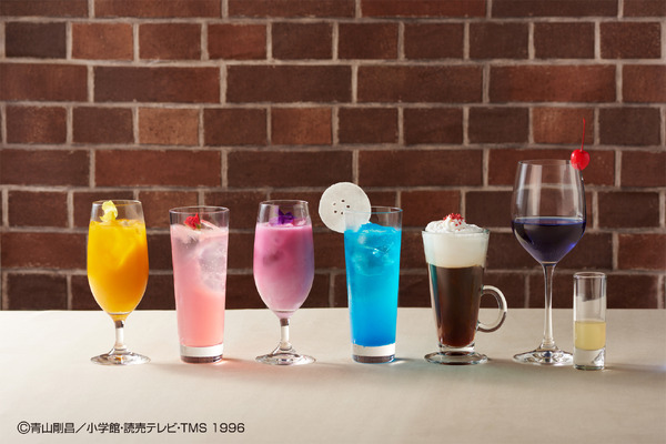 キャラクターをモチーフにしたオプションドリンク（左より安室透、毛利蘭、灰原哀、江戸川コナン、赤井秀一、怪盗キッド）