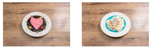 「GiGOコラボカフェ　ふたりはプリキュア Max Heart」ハートご飯のブラックカレー、ひらひらチーズとホワイトクリームうどん（C）東映アニメーション（C）GENDA GiGO Entertainment Inc. All rights reserved.