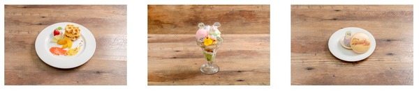 「GiGOコラボカフェ　ふたりはプリキュア Max Heart」ピンクとイエローのフルーツワッフルサンド、光の園の妖精パフェ、もなかアイスサンド（C）東映アニメーション（C）GENDA GiGO Entertainment Inc. All rights reserved.