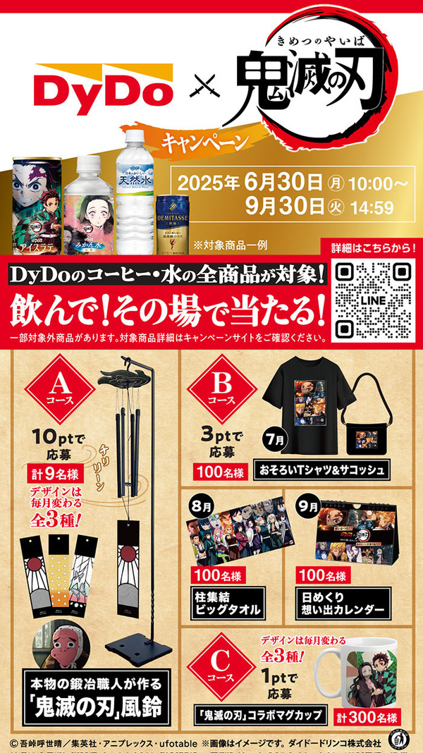 「DyDo×「鬼滅の刃」コラボキャンペーン  プレゼント一覧」（C）吾峠呼世晴／集英社・アニプレックス・ufotable