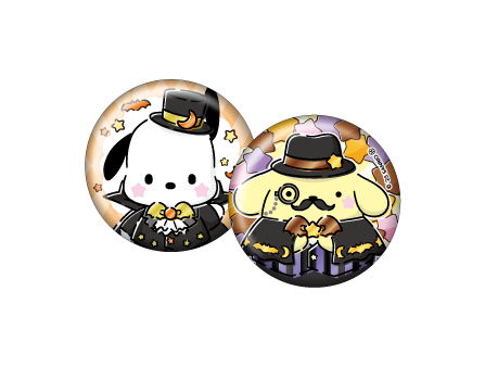 Happyくじ「Sanrio characters Halloween 2025」缶バッジSET賞：ポチャッコ、ポムポムプリン（C）2025 SANRIO CO., LTD. APPROVAL NO. E25080701