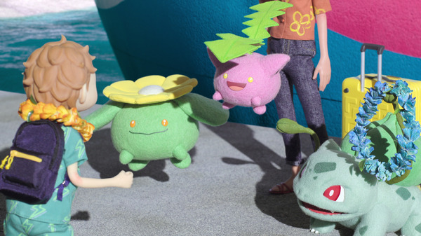 お客様を出迎えるポポッコ、ハネッコ、フシギダネ