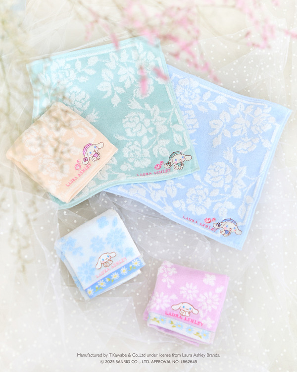 ローラ アシュレイ×サンリオキャラクターズ「タオルハンカチ」「ミニサイズタオルハンカチ」（C）2025 SANRIO CO., LTD. APPROVAL. NO. L662645