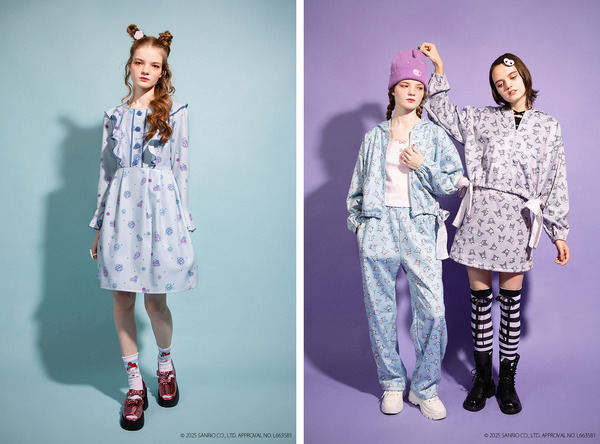 左)マイメロディ ROSE ワンピース 41,800円　右) 左：クロミパターンパーカー 28,380円、クロミパターン パンツ 25,080円、クロミ ニットキャップ 12,650円　右：クロミパターンパーカー 28,380円、クロミパターン ミニスカート 13,200円（全て税込）