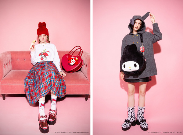 左)DON'T CRY ロンTee 9,900円、マイメロディ キャップ 6,820円、マイメロディ ソックス 3,300円　右)バニーイヤーコート 54,450円、マイメロディ ショルダー バッグ 17,600円（全て税込）