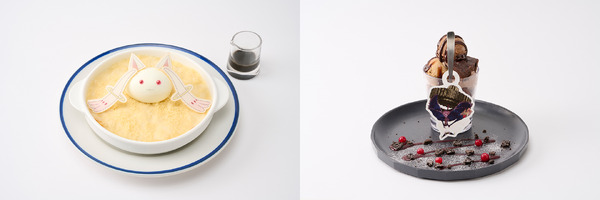 「東京スカイツリー×魔法少女まどか☆マギカ　月夜のワルツ」キュゥべえのホワイトドリア（左）、ワルプルギスの夜パフェ