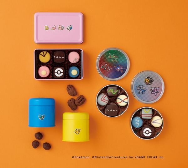 「ポケモン meets メリーチョコレート」左上から時計回りに)アソートボックス(ポケモン集合)(6個入り)1,512円、伝説のポケモン缶セット(各4個入り)2,160円、みずタイプ・でんきタイプ缶(各40g入り)1,944円 ◎11階 ベビー・こども服売場 コトコトステージ112