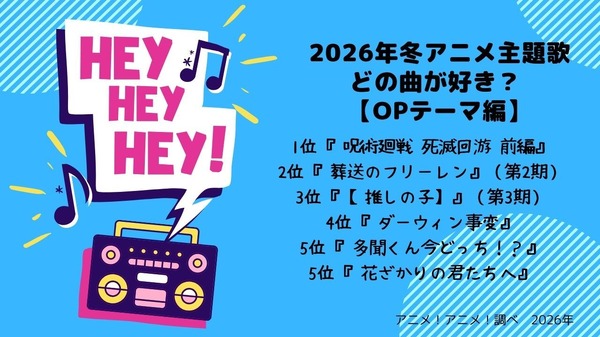 2026年冬アニメ“OP”主題歌、どの曲が好き？ 3位【推しの子】ちゃんみな、2位「葬送のフリーレン」Mrs. GREEN APPLE、1位は…中毒性あり！鳥肌もの！相性の良さに支持