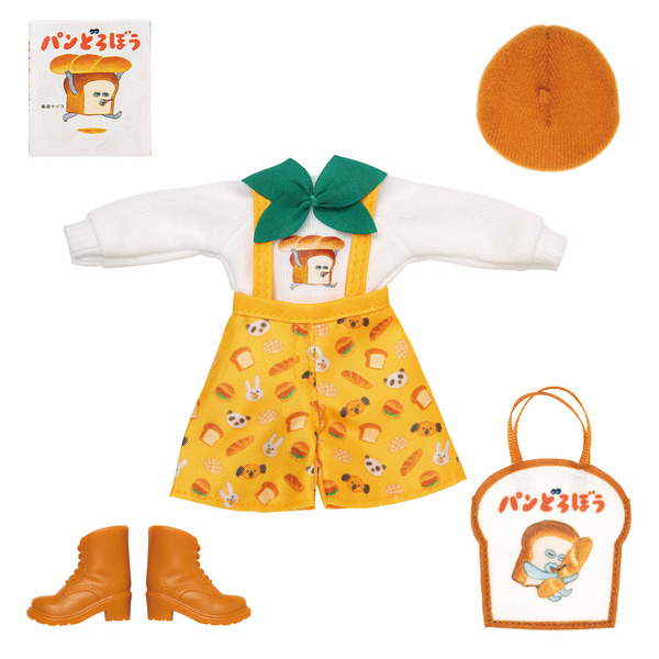 タカラトミー「パンどろぼうだいすきリカちゃん」ベレー帽、トップス、キュロット、クツ、絵本（紙小物）、食パン型バッグ