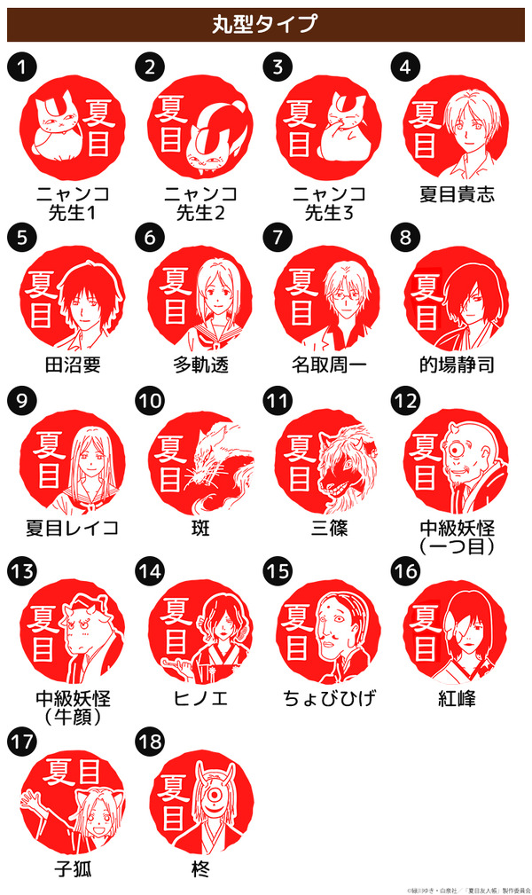 TVアニメ『夏目友人帳』夏目はんこ帳 遊印スタンプコレクション　キャラクタービジュアルは全18種（丸型タイプ）
