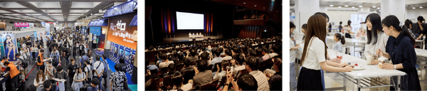 京まふ2025の様子（左から:出展ブース、ステージ、キャラカフェエリアの様子)