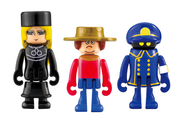 タカラトミー「プラレール 銀河鉄道999　999号」左から、メーテル、鉄郎、車掌のプラキッズ