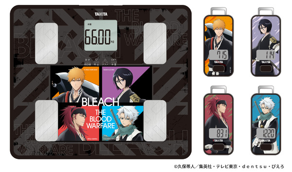 左から通信機能付き音声体組成計、3D センサー搭載歩数計「BLEACH モデル」