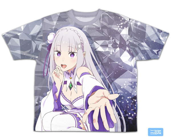 『Re:ゼロから始める異世界生活』銀髪のハーフエルフ エミリア 両面フルグラフィックTシャツ