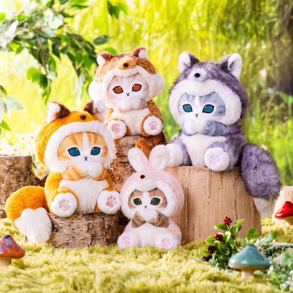 「おすわりポージングぬいぐるみ」（全4種）きつねにゃん/おおかみにゃん 各3,300円、りすにゃん/うさにゃん　各2,970円（全て税込）