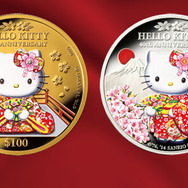 日本の桜とハローキティ―をモチーフにしたプルーフコイン（左：金貨、右：銀貨）。ハローキティ40周年を記念してI・E・Iより独占販売開始。