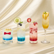 （左から）江戸川コナン レモン・ホワイトウォーター、工藤新一 アップル＆ライムモヒート、毛利蘭 ストロベリーソーダ、鈴木園子 オレンジ＆マンゴーソーダ